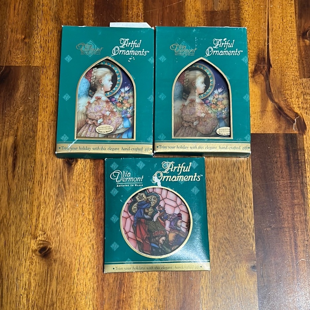 Vintage 90s Via Vermont Artful Ornaments~Lot of 3~Angel w/Flowers(x2)~Wisemen